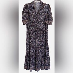 Veronica Beard Paisley Floral Tiered Skirt Shirt Dress Navy Size 4